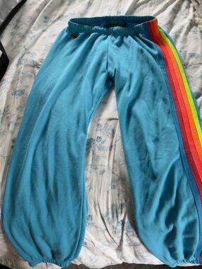 Aviator Nation Blue Track Pants with Rainbow Side Stripes